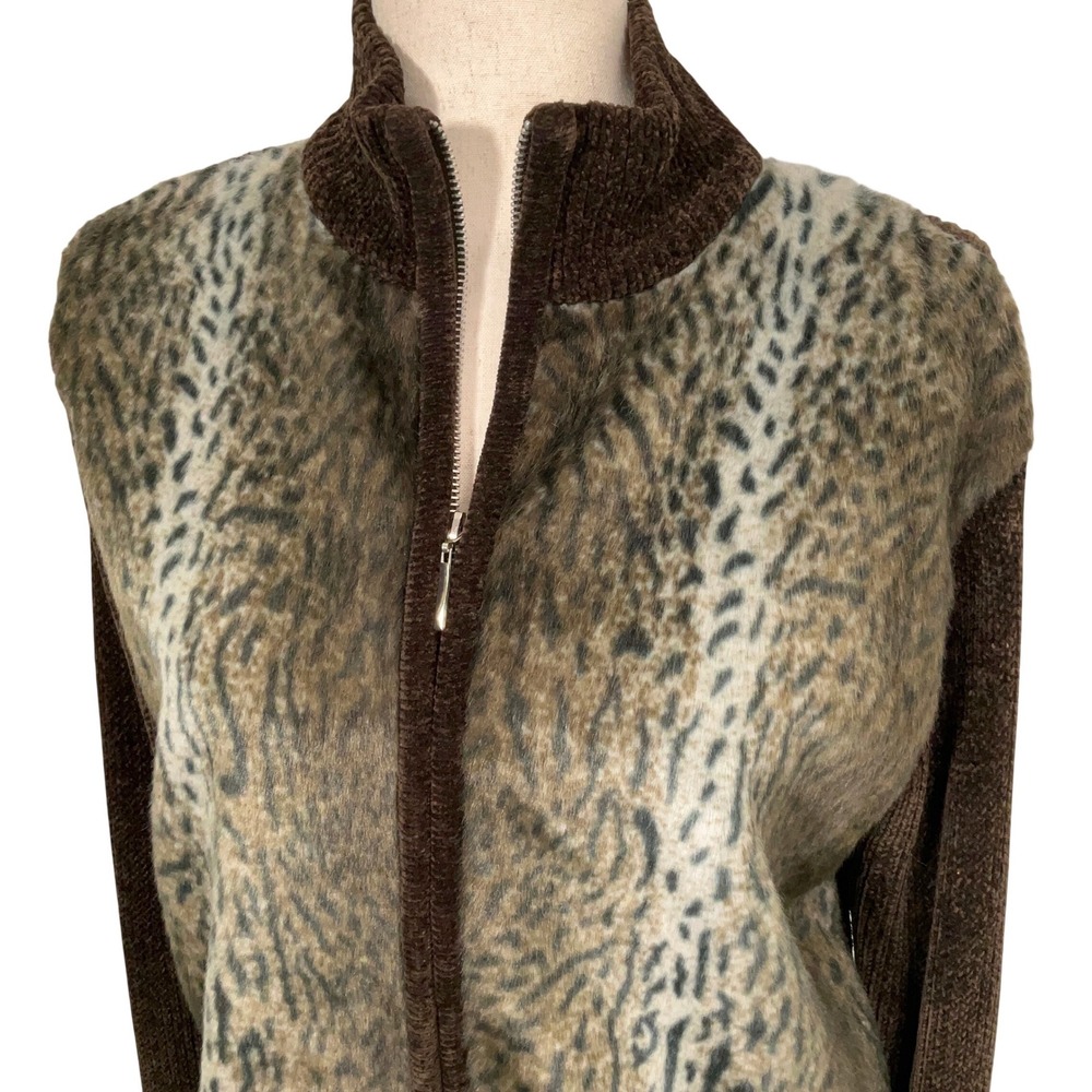 Lisa International Coatigan Womens Medium Leopard Faux Fur Sweater Cardigan